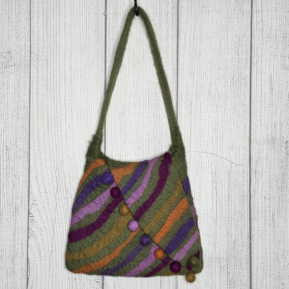 Rising Tide Wool Shoulder Bag Felted Nepal Boho Hippie Striped Pom Pom Purse